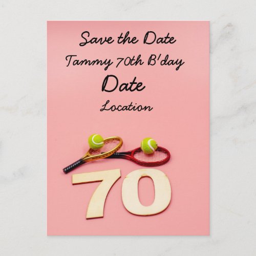 Tennis 70th Birthday with ball and racket on pink Postcard