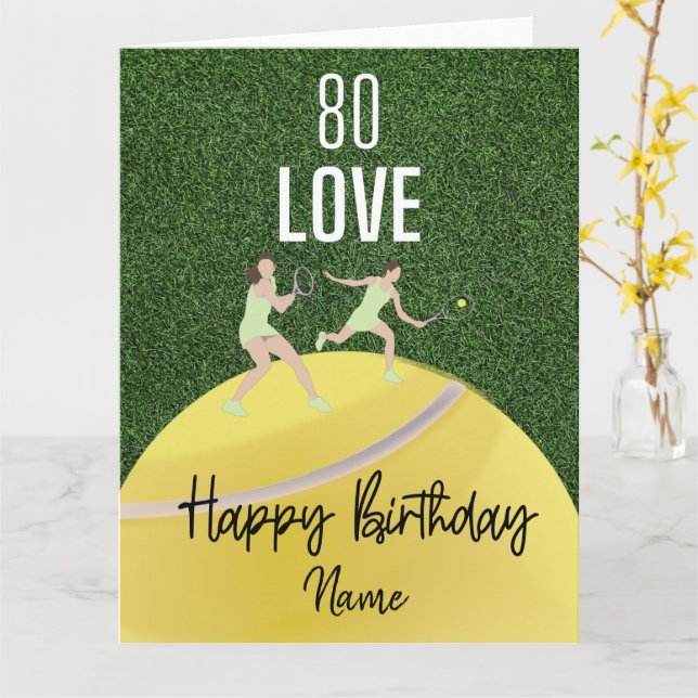 Tennis 80th Birthday  Player on Green    Card (Yellow Flower)