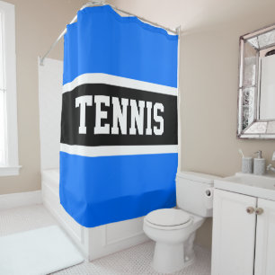 TENNIS Athletic Bright Blue Black White Stripes Shower Curtain