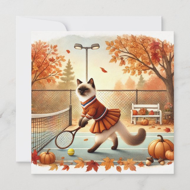 Tennis Autumn Cat with Flowers  Holiday Card (Front)