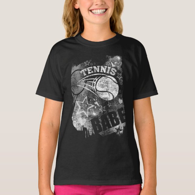 Tennis Babe, Black Grunge Tennis T-Shirt (Front)