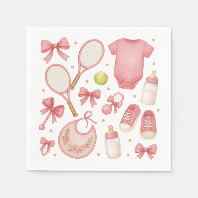 Tennis Baby Girl in Pink theme with racket  Napkins (Front)