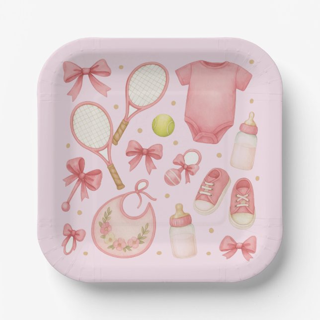 Tennis Baby Girl in Pink theme with racket  Paper Plates (Front)