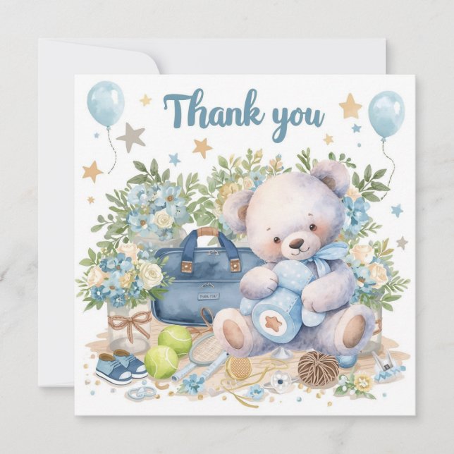 Tennis Baby Shower for Baby Boy Blue themed  Thank You Card (Front)