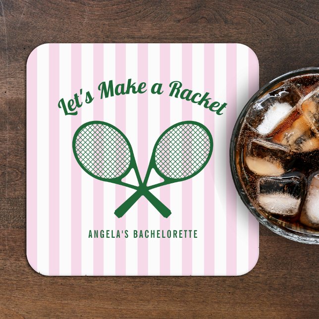 Tennis Bachelorette Party Make a Racket Striped Square Paper Coaster (Creator Uploaded)