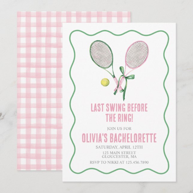 Tennis Bachelorette party preppy plaid pink green Invitation (Front/Back)