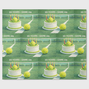 Tennis ball 30th  birthday and cake on green wrapping paper