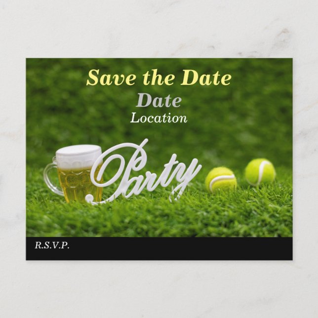 Tennis ball and beer save the date for party  post postcard (Front)