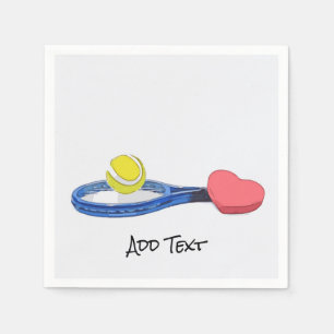 Tennis ball and blue racket on white background napkins