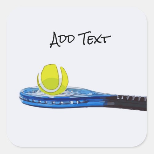 Tennis ball and blue racket on white background square sticker