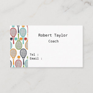 Tennis ball and colorful racket on white business card