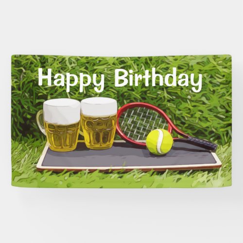 Tennis ball and glass of beer  birthday party banner