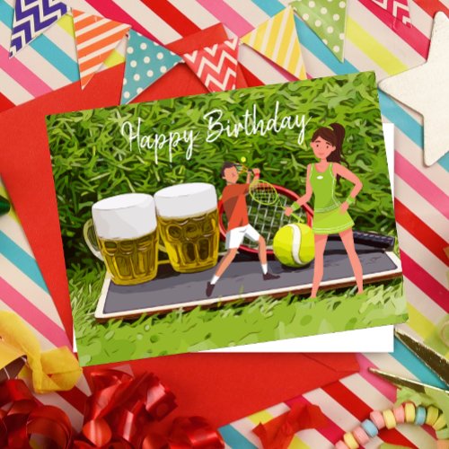 Tennis ball and glass of beer  birthday  postcard