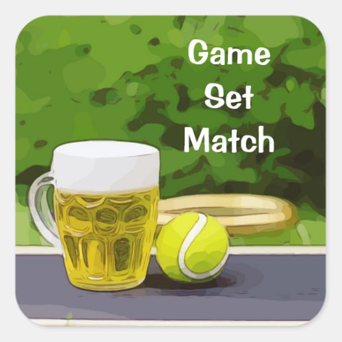 Tennis ball and glass of beer game set match square sticker