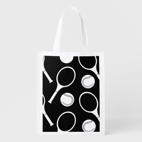 Tennis  ball and racket black white  grocery bag