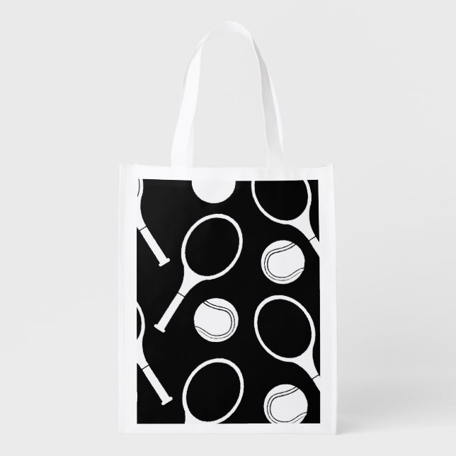 Tennis  ball and racket black white  grocery bag (Front)
