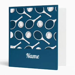 Tennis  ball and racket black & white ink on blue 3 ring binder