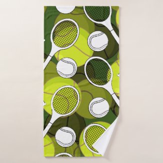 Tennis  ball and racket black & white ink on green bath towel
