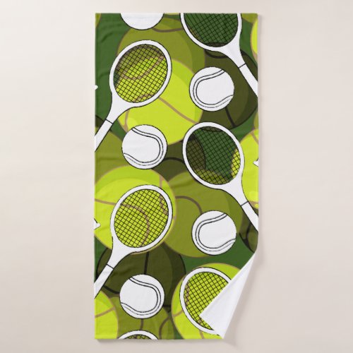 Tennis  ball and racket black  white ink on green bath towel