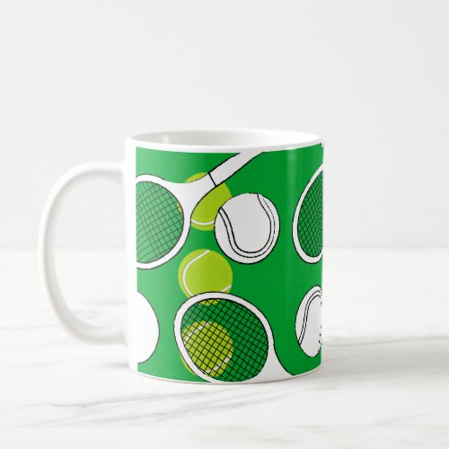 Tennis  ball and racket black white on green court coffee mug
