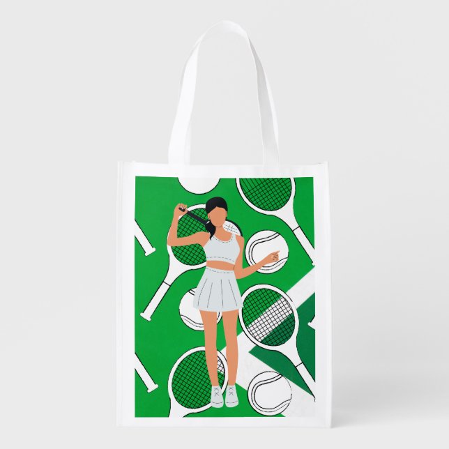 Tennis  ball and racket black white on green court grocery bag (Front)