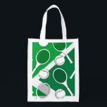 Tennis  ball and racket black white on green court grocery bag<br><div class="desc">Tennis ball and racket black white on green court grocery bag</div>