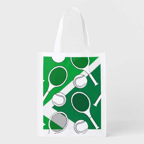 Tennis  ball and racket black white on green court grocery bag