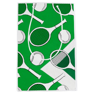Tennis ball and racket black white on green court medium gift bag