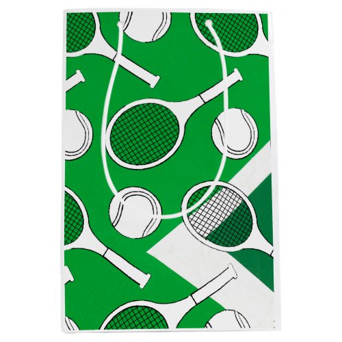 Tennis  ball and racket black white on green court medium gift bag