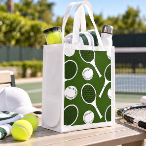 Tennis  ball and racket black white on green grocery bag