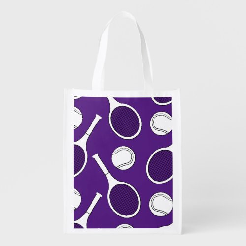 Tennis  ball and racket black white on purple grocery bag