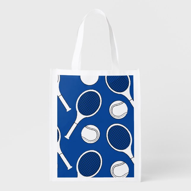Tennis  ball and racket black white on purple grocery bag (Front)