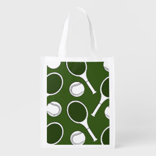 Tennis ball and racket black white on purple grocery bag