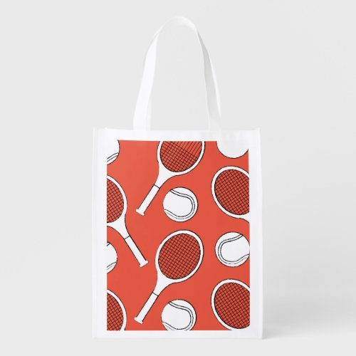 Tennis  ball and racket black white on red grocery bag