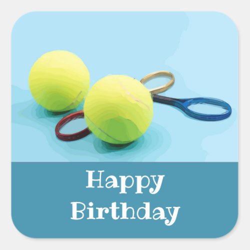 Tennis ball and racket Happy Birthday blue tone Square Sticker