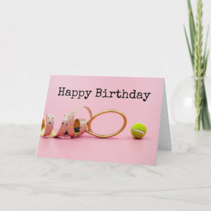 Tennis ball and racket happy birthday on pink card