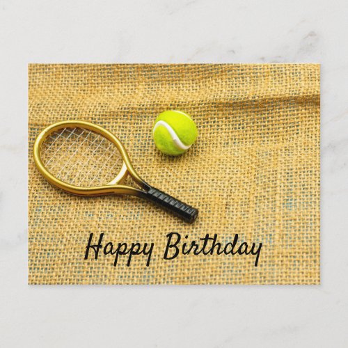 Tennis ball and racket happy birthday postcard