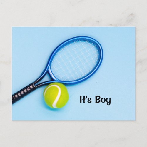 Tennis ball and racket on blue baby shower  postcard