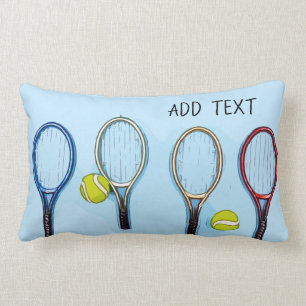 Tennis ball and racket on blue background lumbar pillow