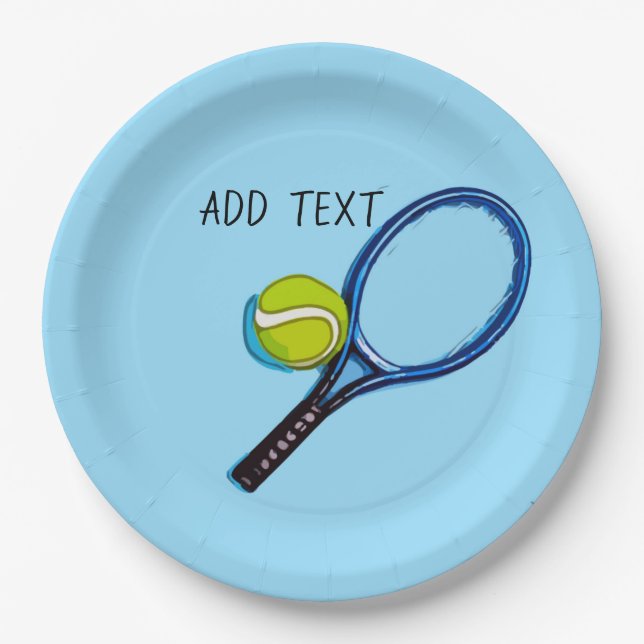 Tennis ball and racket on blue background paper plates (Front)