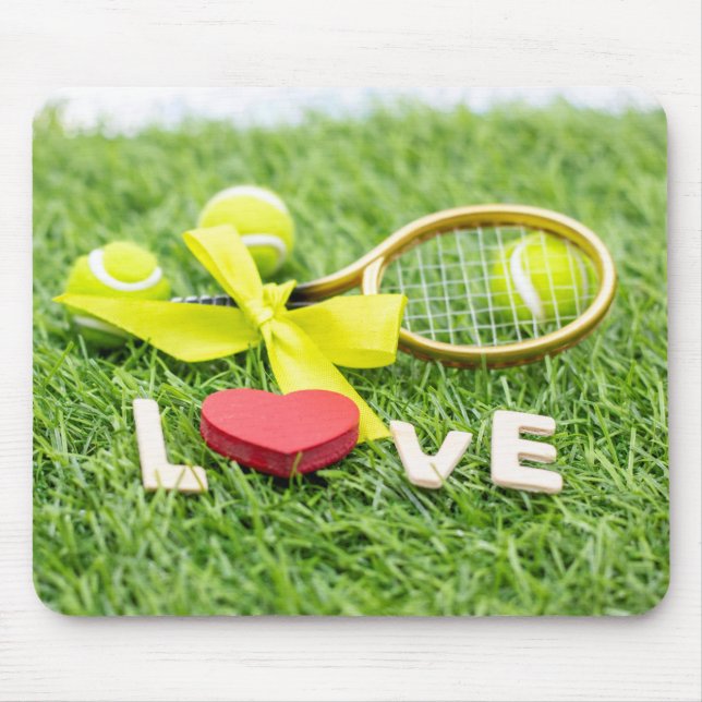 Tennis ball and racket on green grass with love   mouse pad (Front)