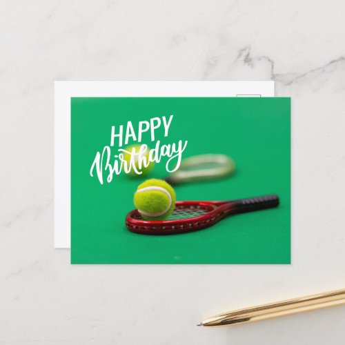 Tennis ball and racket on green Happy Birthday Car Postcard