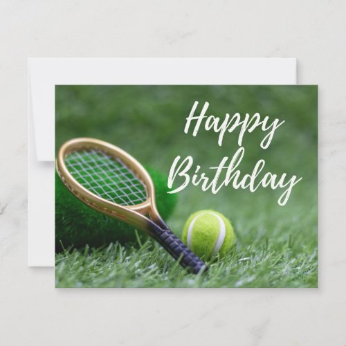 Tennis ball and racket on green Happy Birthday  Card