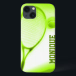 Tennis ball and racket sports green ipadcase iPhone 13 case<br><div class="desc">Tennis sporting case for ipad.  Personalise this item with your name. This example reads: Monique.  This original unique artwork was photographed and designed by Sarah Trett.</div>