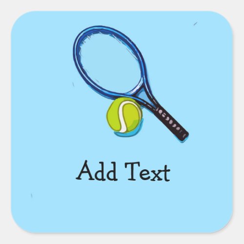Tennis ball and racket watercolor on blue square sticker
