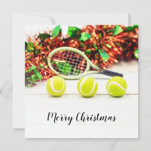 Tennis ball and racket with Christmas decoration Card
