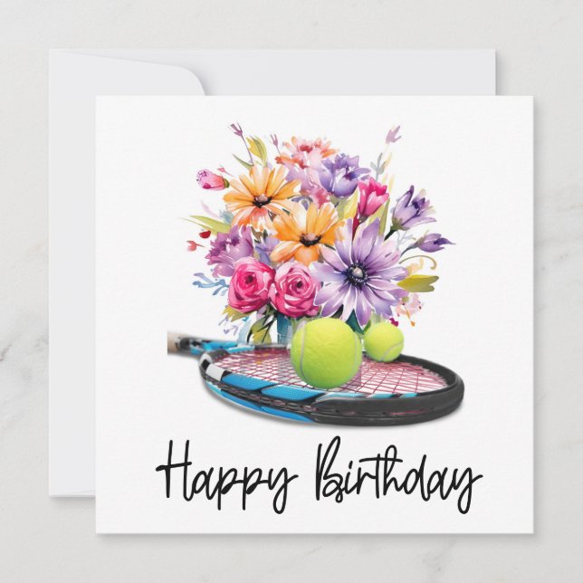 Tennis  ball and racket with flowers for Birthday Card (Front)