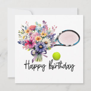 Tennis ball and racket with flowers for Birthday Card