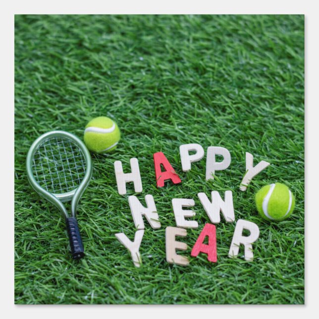 Tennis ball and racket with happy new year sign (Front)