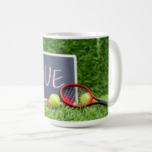 Tennis ball and racket  with love on green  coffee mug